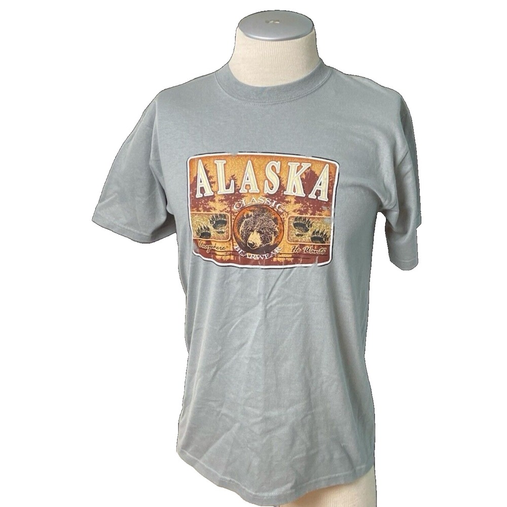 Anvil Mens Alaska Tshirt Medium Classic Bearwear Grey Cotton Graphic Tee